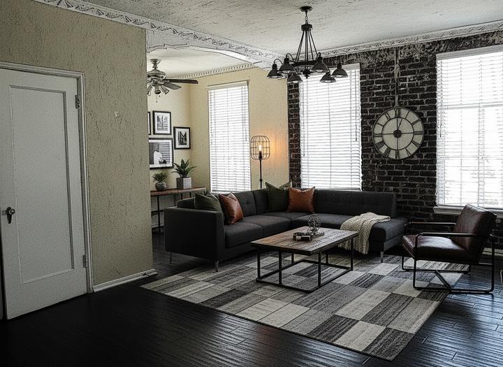 After: loft living room with exposed brick virtually staged in industrial style by Virtual Stage Now