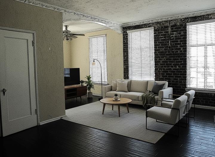 After: loft living room virtually staged in minimal style by Virtual Stage Now
